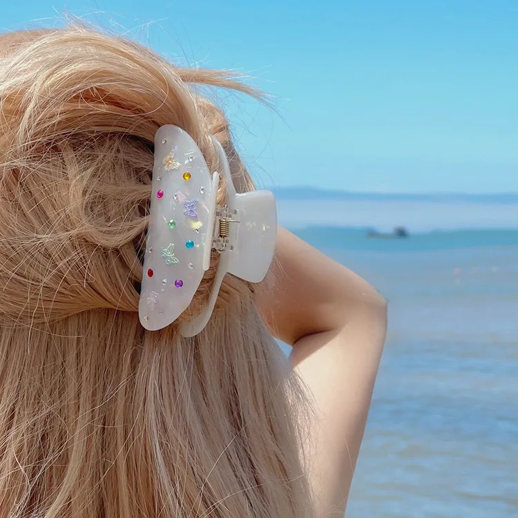 DuoShang, pinza para el pelo de acetato de mariposa con diamantes de imitación coloridos, pinza para el pelo de cangrejo dulce y elegante,