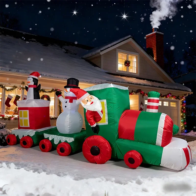 Giant Inflatable Christmas Train with Santa Penguin Snowman LED Lights Outdoor Yard Holiday Party Decoration Air Blow Model