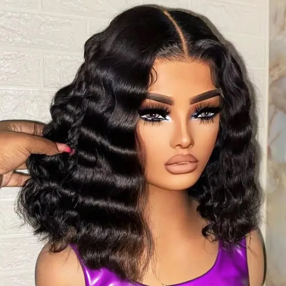 لا الغراء موجة طبيعية قصيرة بوب الباروكات غلويليس 100% خصلات الشعر المستعار الإنسان الجسم موجة شفافة 13x6 Hd الدانتيل الباروكة الأمامية للنساء السود #1