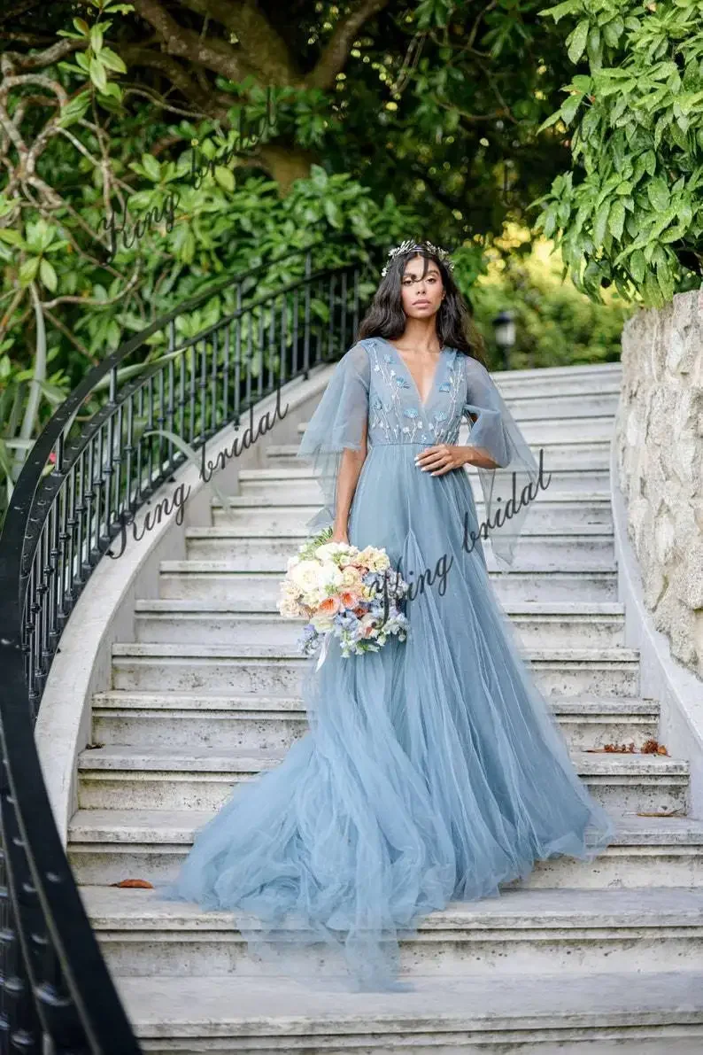 Full Gown Airy Sleeves Bridal Simple Wedding Party Dresses Ethereal Wedding Dresses Pale Dark Blue Wedding Gown