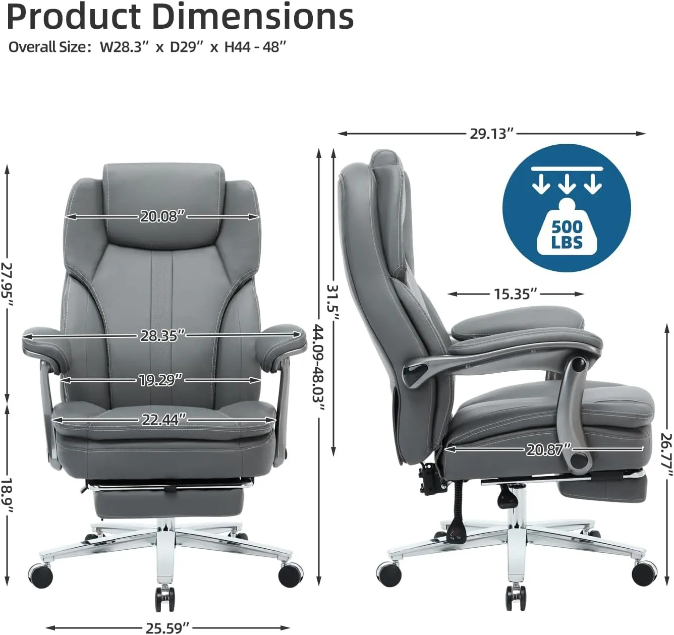 Back Executive Chair with Extra Wide Area Armrest, 500LBS PU Leather Managerial Home Desk Chair with 90-135°Reclining