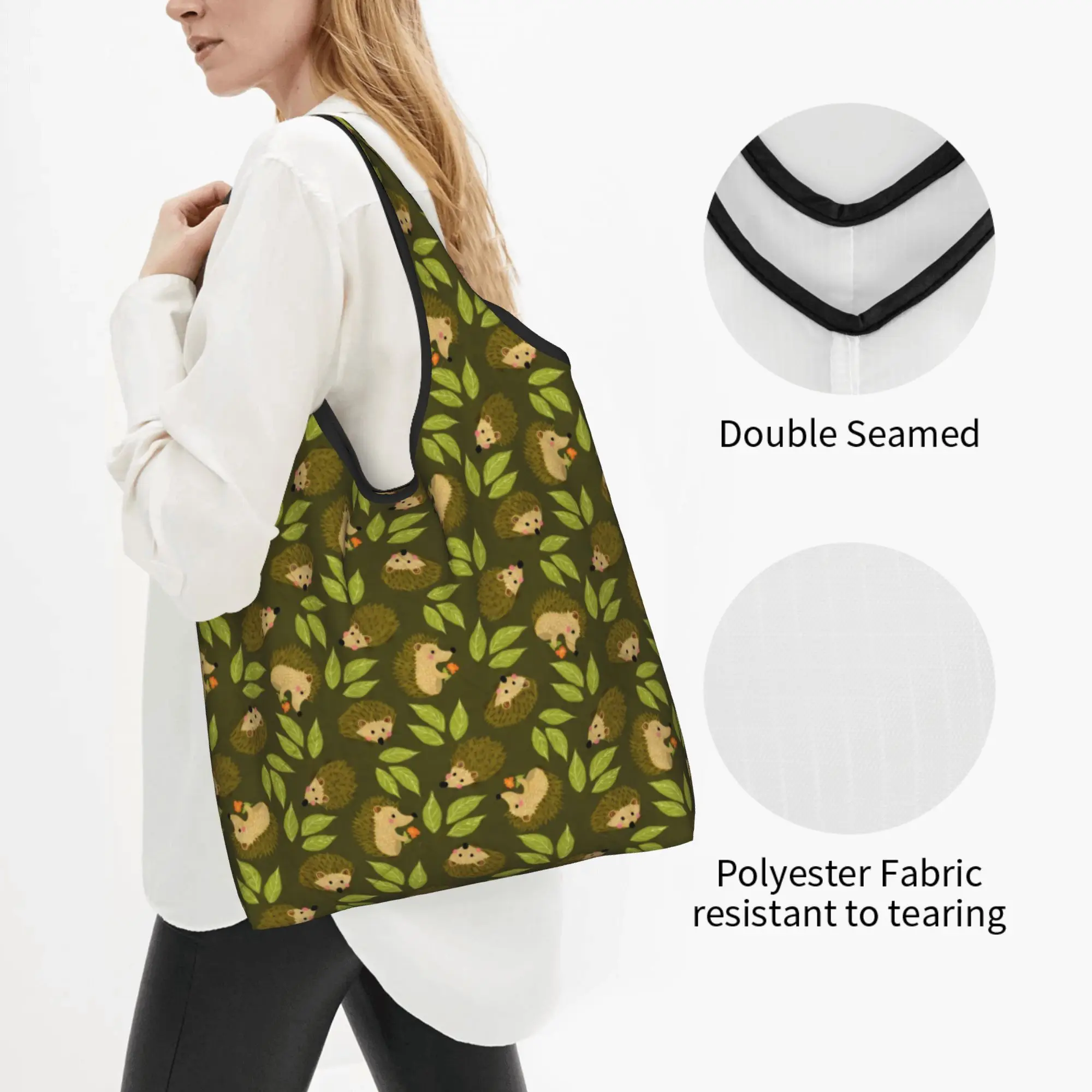 Cute Cute Woodland Hedgehog Furze Pig  Shopping Tote Bag Portable With Blue Leaves Dark Green  Groceries Shoulder Shopper Bag