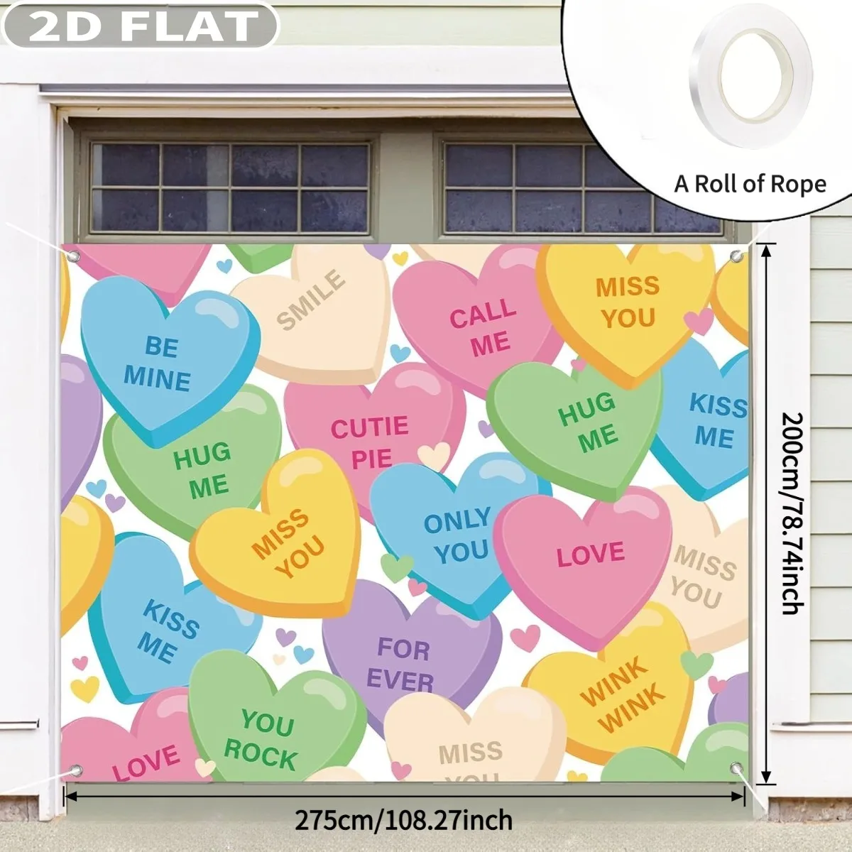 1pc Valentine's Day Studio Props Garage Door Banner Cover with Ribbon 200x275cm Conversation Heart Large Polyester Yard Sign