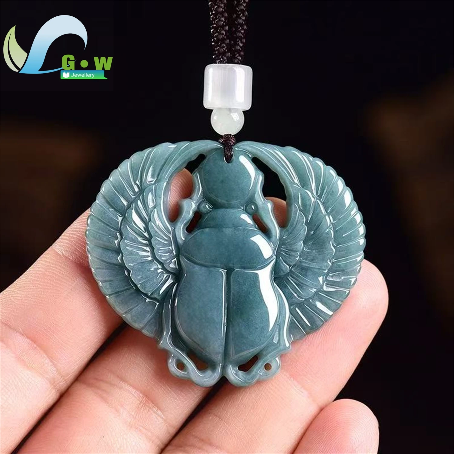 Natural Grade A Jadeite Blue Water Ice Type Insect Pendant Hanging Jade Amulet Necklace Unisex Unique Carved Gemstone Jewelry