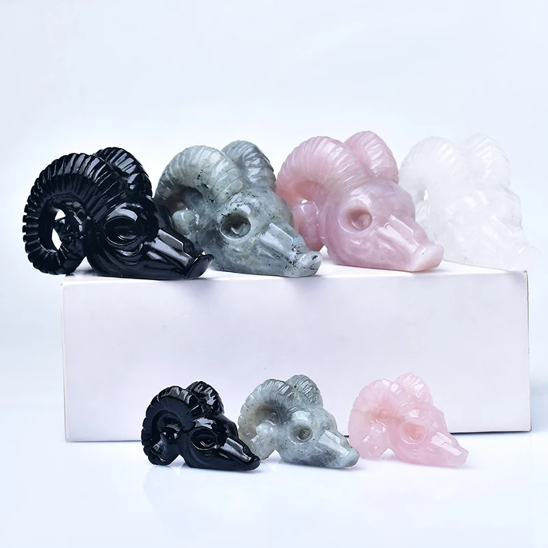 1PC Natural Crystal Sheepshead Statue Carved Rose Quartz Crafts Polished Healing Stones Hallowmas Figurine Home Ornament Gifts