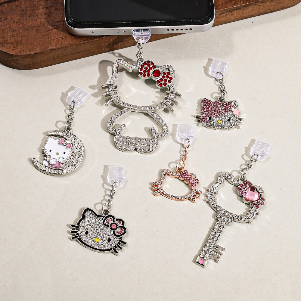 الكرتون مرحبا كيتي حجر الراين الهاتف الغبار التوصيل بلينغ كريستال سماعة جاك سحر مكافحة الغبار التوصيل للفتيات النساء ملحقات الهاتف