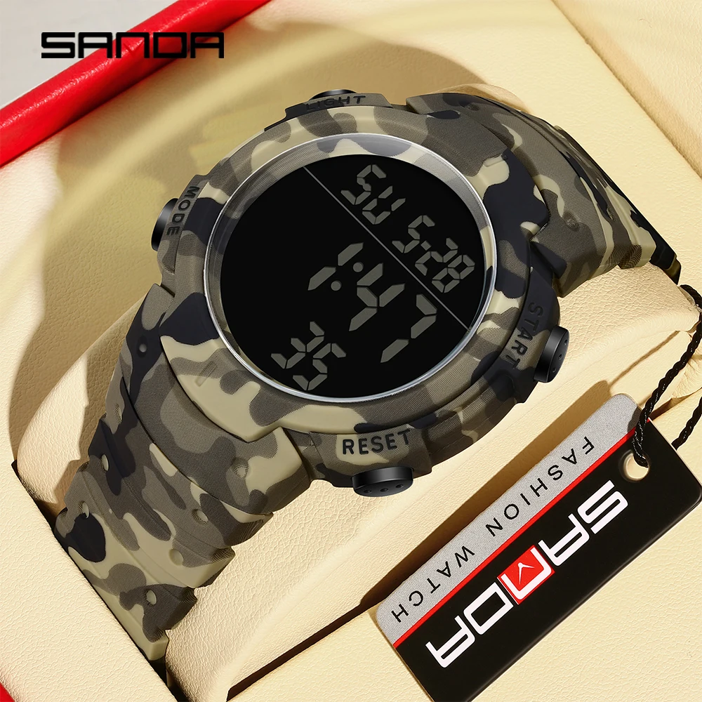 SANDA جديد 2182 ساعة إلكترونية بشاشة واحدة للرجال سلسلة كامو متعددة الوظائف موضة كول مقاوم للماء ساعة رجالي إلكترونية