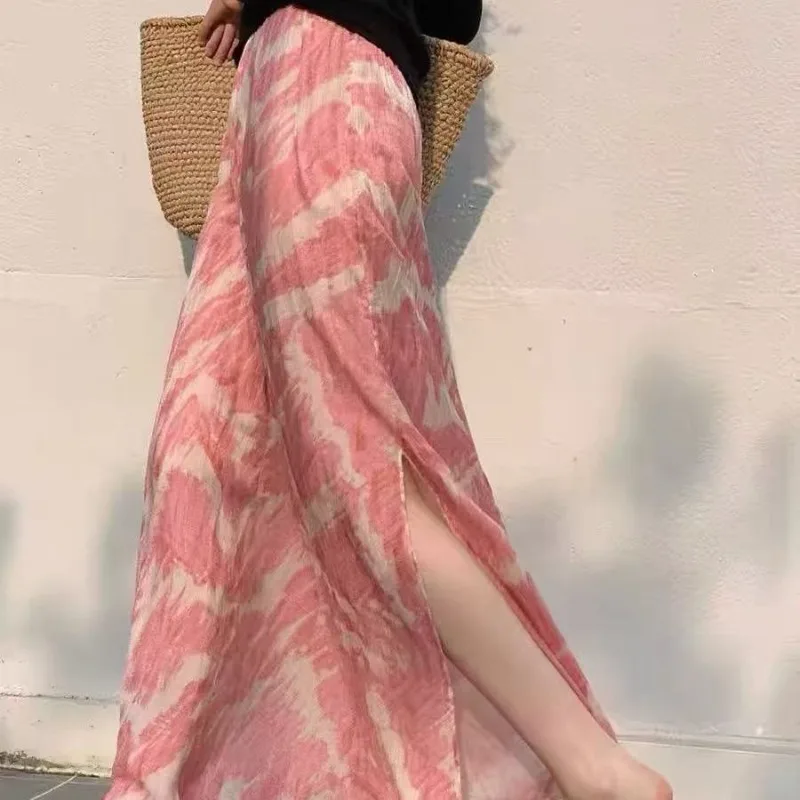 2026 New Trending Women's Pink Tie Dye Slit Maxi Skirt, Flattering for Pear Shaped, Cute Unique High Waist A-Line Flowy Skirt