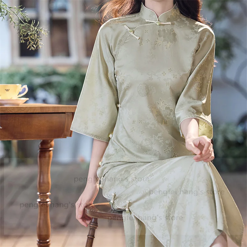 

Vintage Satin Green Flower Chesongam Women Elegant Big Sleeve Qipao Sexy Split Vestidos Improved Qipao Evening Party Hanfu Dress