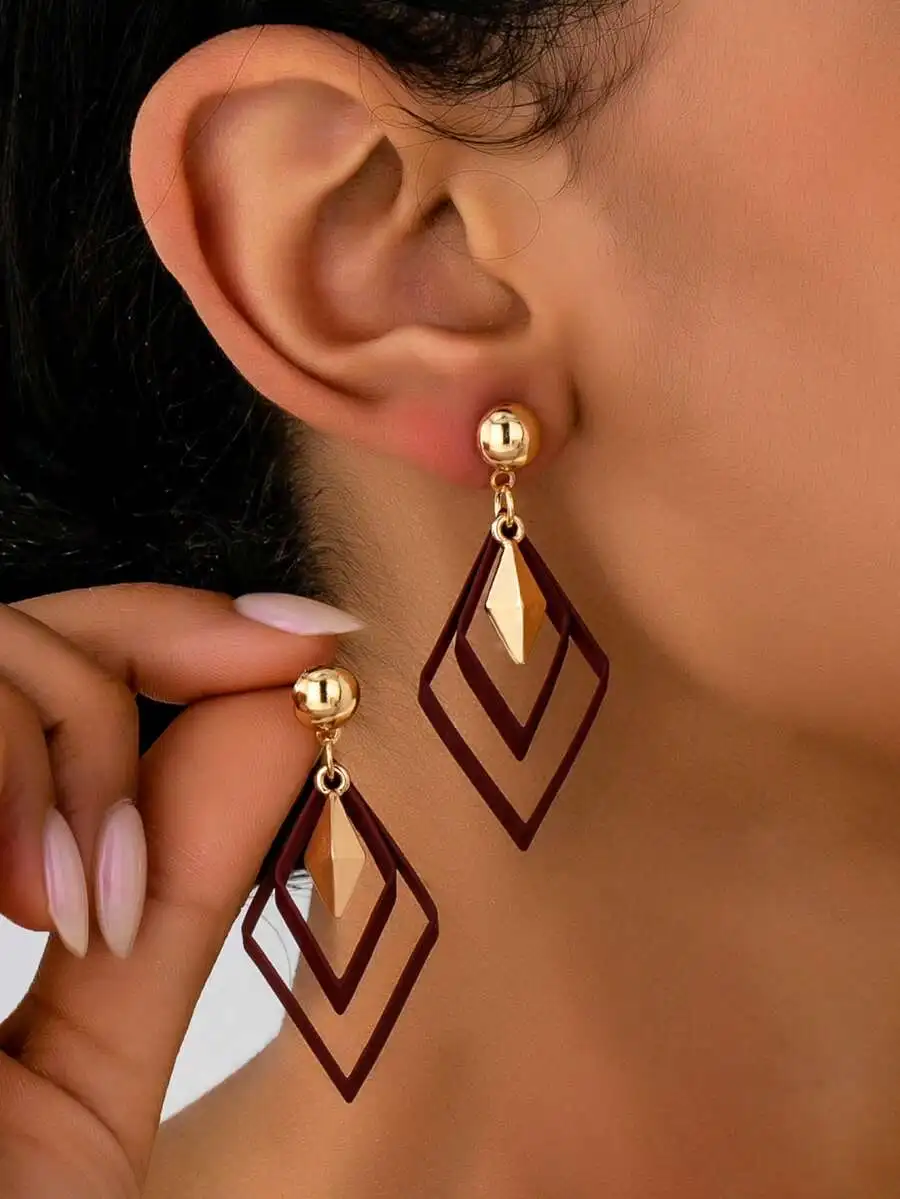 

Enameled Rhombus Drop Earrings For Women Vintage Geometric Jewelry