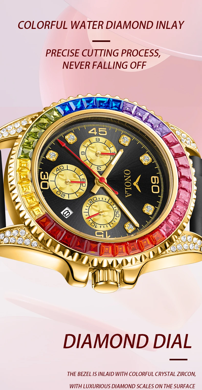 ONOLA Men's Quartz Watch, Multifunctional Dial, Colorful Square Rhinestone Bezel, Date Display, Ideal For Parties & Daily Outing