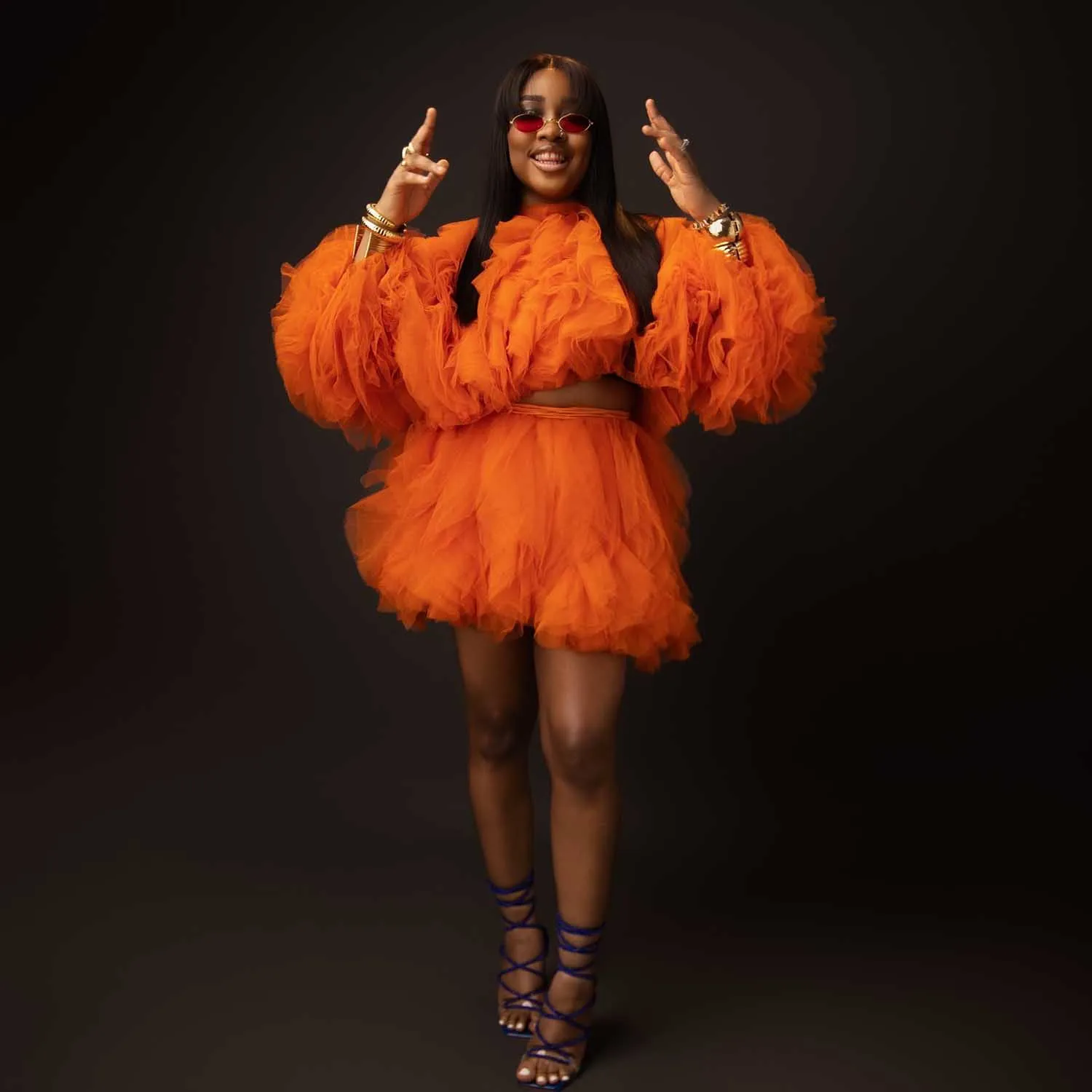 

Cute Orange Ruffle Short Dress 2 Pieces Black Girls Birthday Dress African Women Outfit Two Pieces Prom Dresses Event Gala Gown
