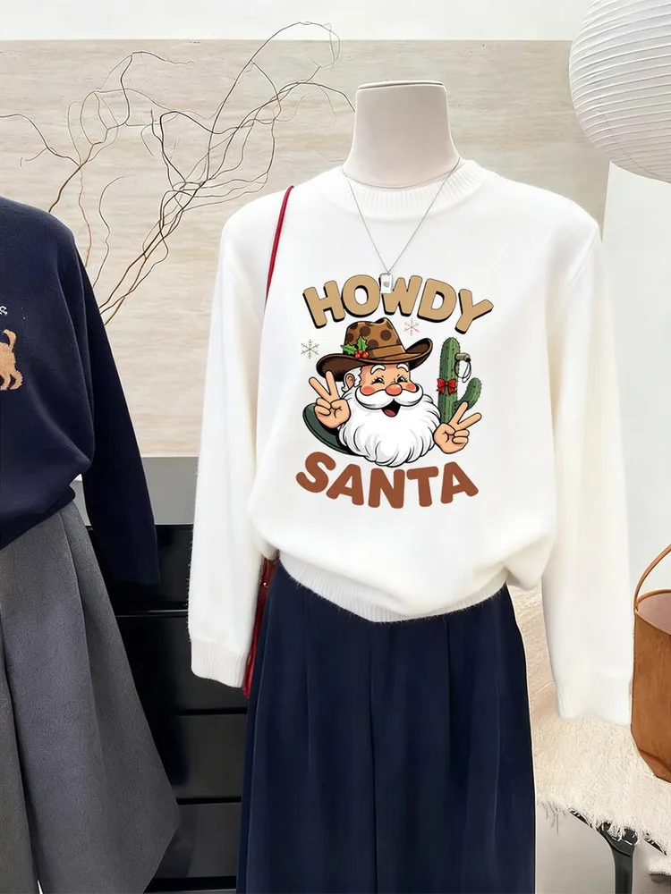 Großer Strickpullover mit festlichem Aufdruck, lang, Sve Round Ne Damen Cisas S Claus, Cartoon-Design, weich, koreanisches Sle