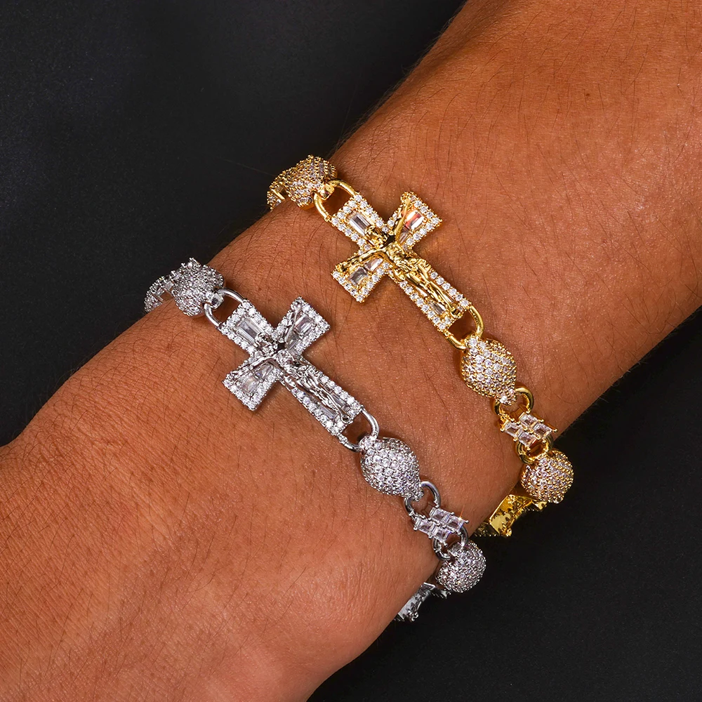 New Trendy 8mm Bead Cross Jesus Chain Bracelet Fully Iced Out Shinning Diamond 18k Gold Plated Miami Cross Bracelet Men