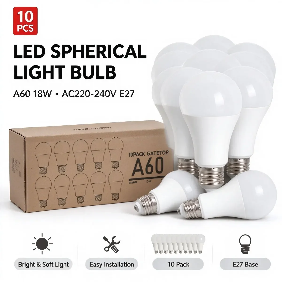 10Pcs A60 E27 Household LED Bulbs, 18W 1620LM,  3000K 4000K 6000K, AC220-240V, Flicker-Free, 270° Wide Beam Indoor Lighting