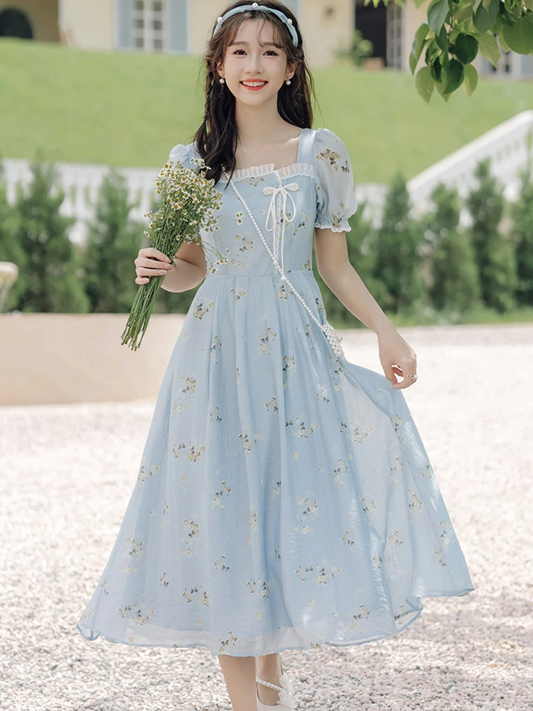 

Women Blue Floral Chiffon Puff Sleeve Chic Ruffled Square Collar Dress Summer Elegant Beach Style Dress 2024 Korean Bodycon Robe