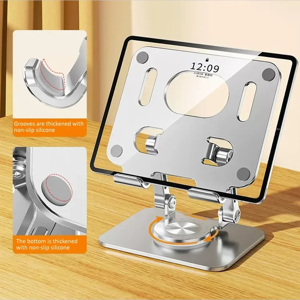 Soporte para tableta con rotación de 360 ° para iPad, soporte plegable ajustable para tableta, soporte para teléfono de aluminio Compatible con iPad