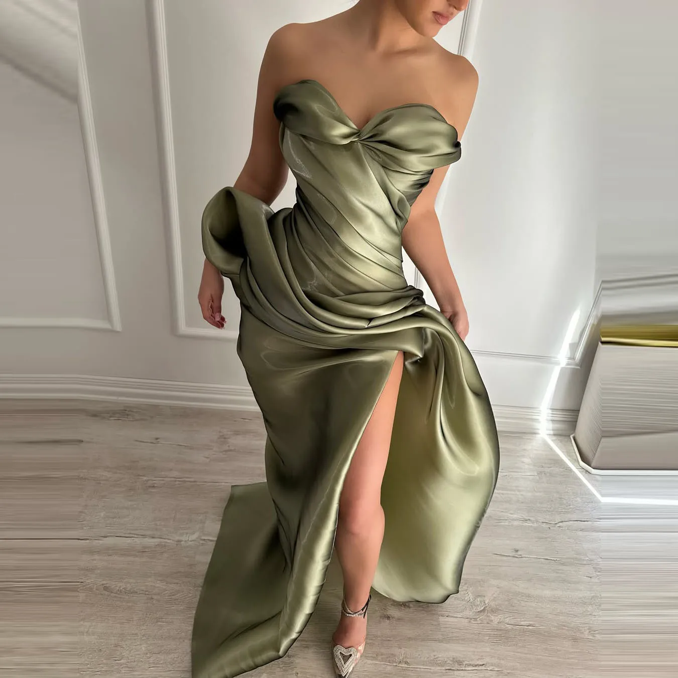 

Chic Satin Ball Gown Evening Dress for Cocktail Party Formal Wear Women's High Slit Prom Dresses Long Maxi Gown