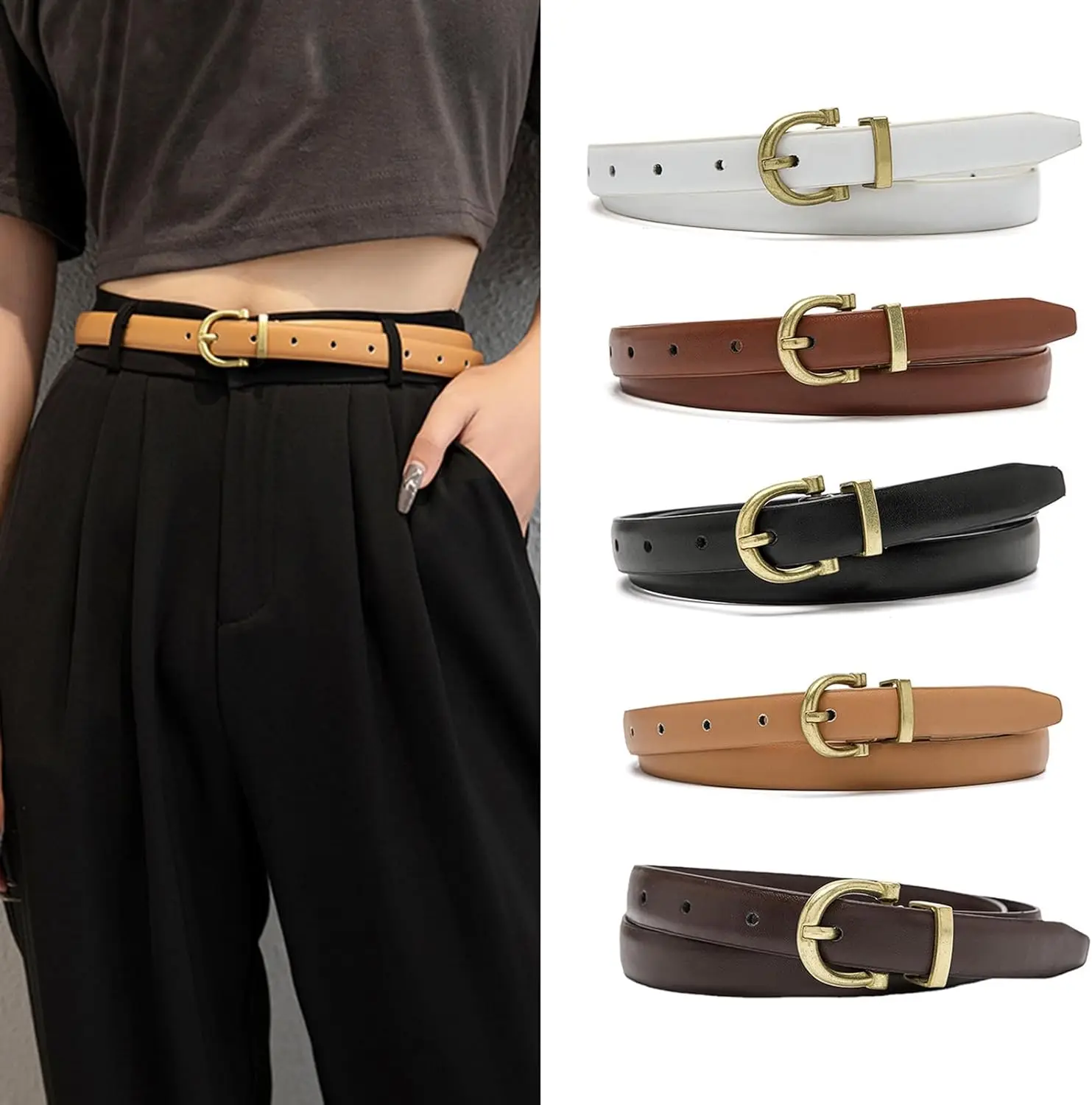 

Fashion Women's Gold Button Cow Belt Versatile Decorative Needle Button Thin Belt Fashion Waist Jeans Black Belts