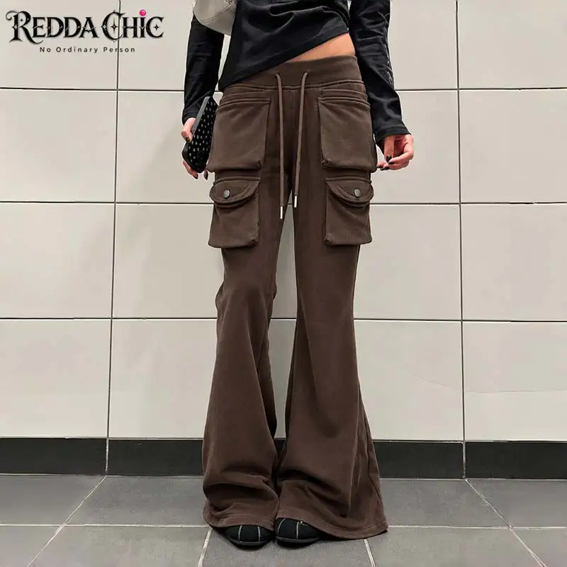 ReddaChic Women Flared Elastic Waist Sweatpants Retro Brown Plain Drawstring Mulit-pocket Relaxed Fit Cargo Pants Causal Bottoms