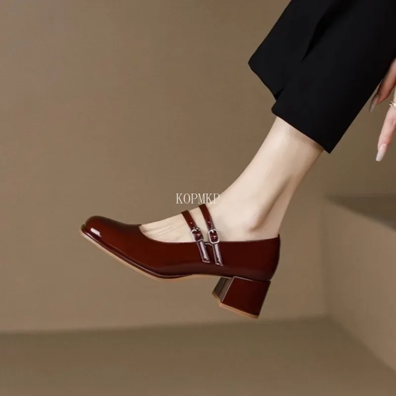 Spring Autumn Women Double Buckle Mary Janes Shoes Patent Leather Dress Shoes High Heels Pumps Retro Lady Shoe Zapatos De Mujer