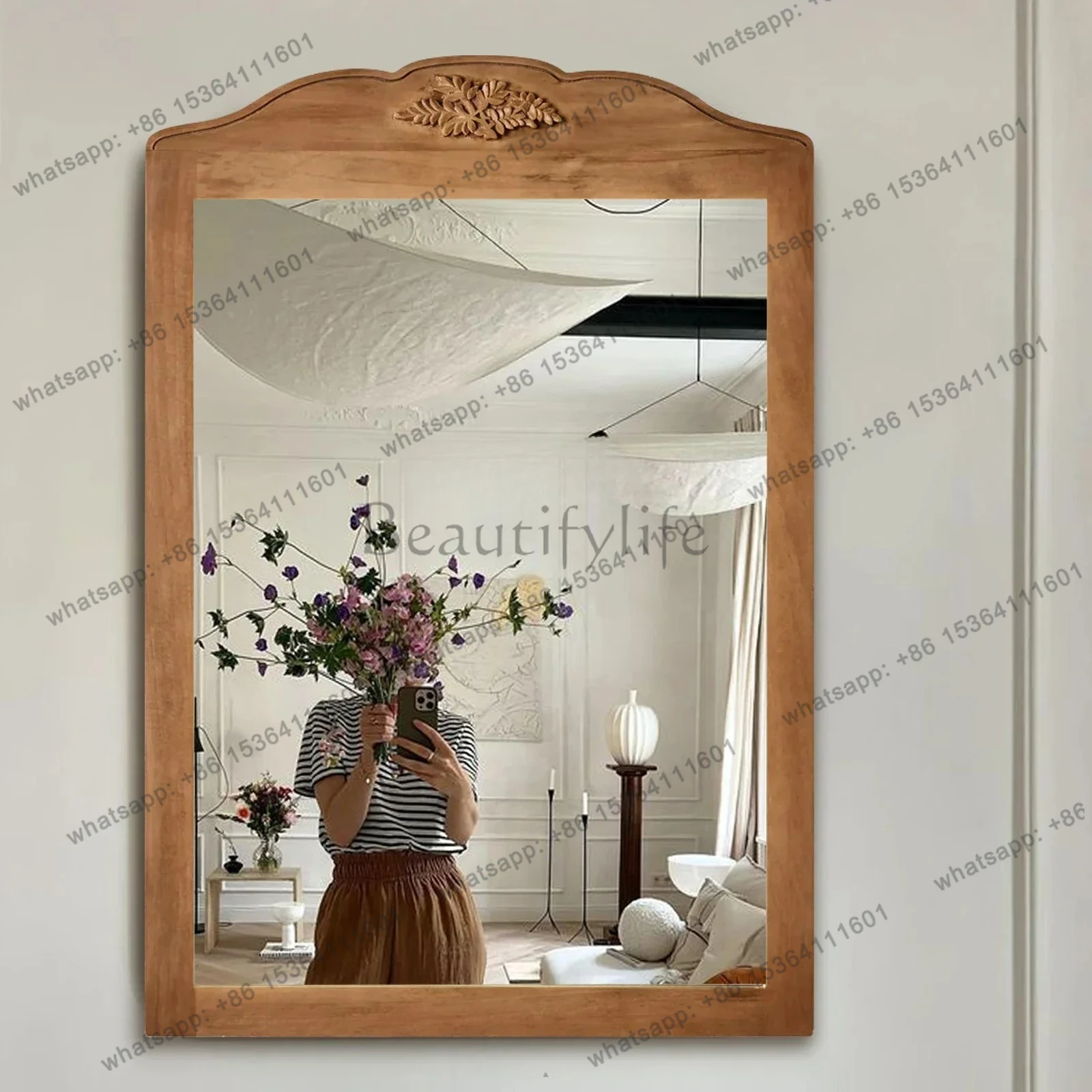 

French Retro Decorative Mirror Chinese Modern Wall-Mounted Entrance Mirror Washstand Mirror