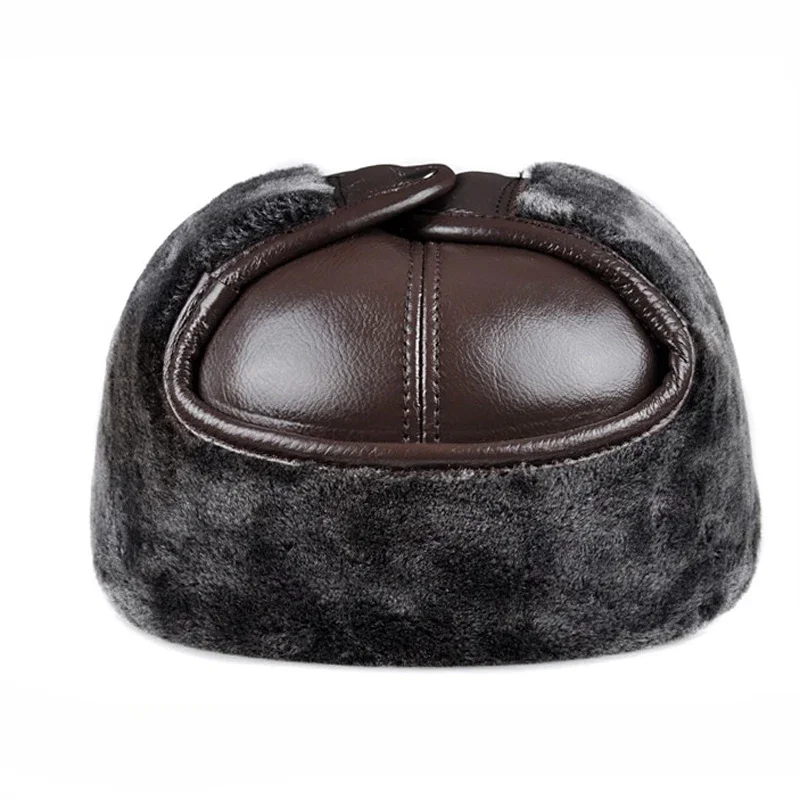 2023 Winter Warm Ear Protection Bomber Hat Man Genuine Leather Faux Fur Inside Black/Brown Ultra Large Size 55-62cm Caps