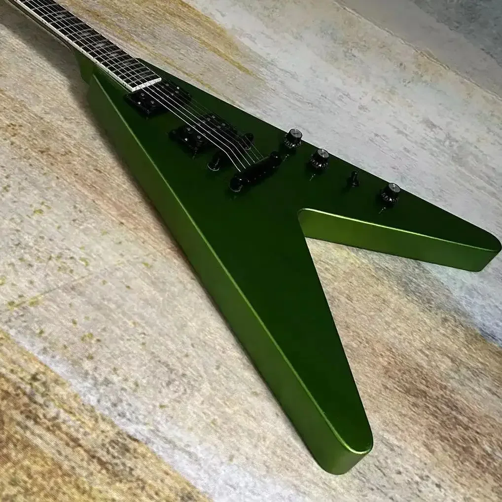 Fly-V Electric Guitar, Mahogany Body, Metallic Green Color, Rosewood Fingerboard, Black Hardware, 6 Strings, Free Ship гитара