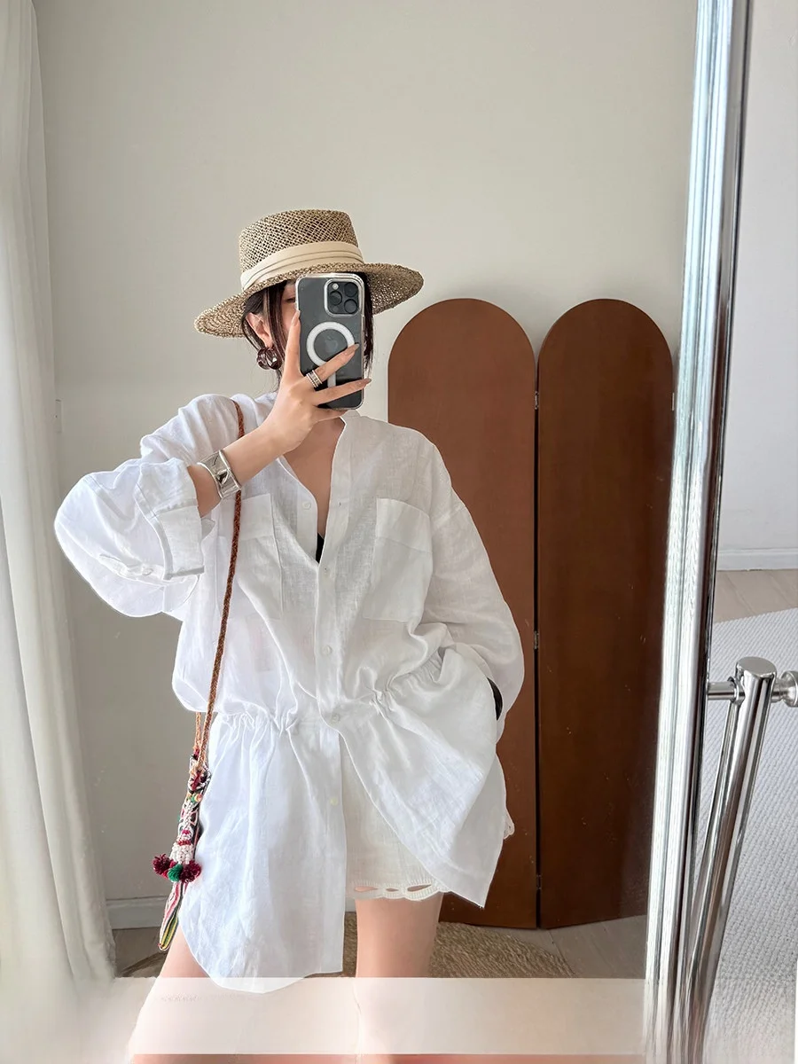 

Vintage Linen Waist-Cinching irt Dstring Old Money Sle Long Sve Stand Collar Loose Fit Summer Faion Women's irt