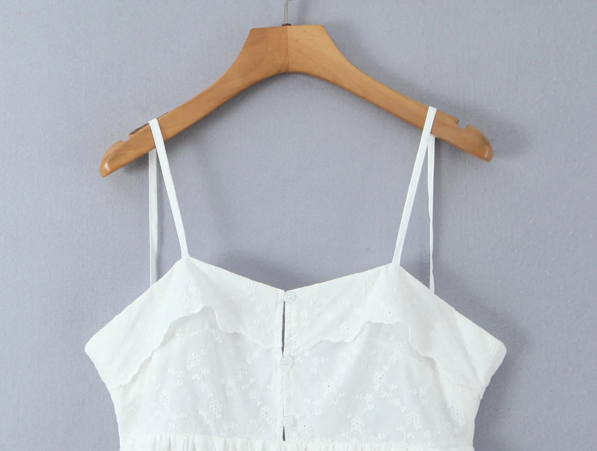 Vakantie Wit Gesplitst Borduren Kant Katoenen Strik Vetersluiting Sling Jurk Vrouwen Knop V-hals Vetersluiting Terug Backless Vestdios Gewaad
