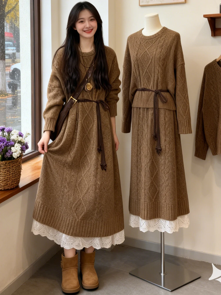 

Stunning Women's Lace Knitted Set High Waist Midi Skirt Slimming Effect Long Sve round Ne High Waist Spiral Design Dr