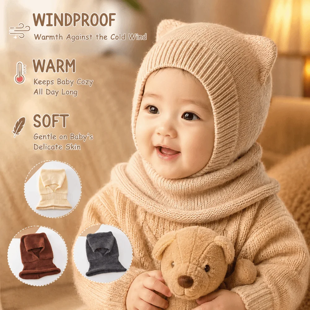 Cute Warm Woolen Balaclava Hat Solid Color Ear Protection Knitted Beanie Cap Soft Windproof Winter Toddler Hat Boy Girl - view 2