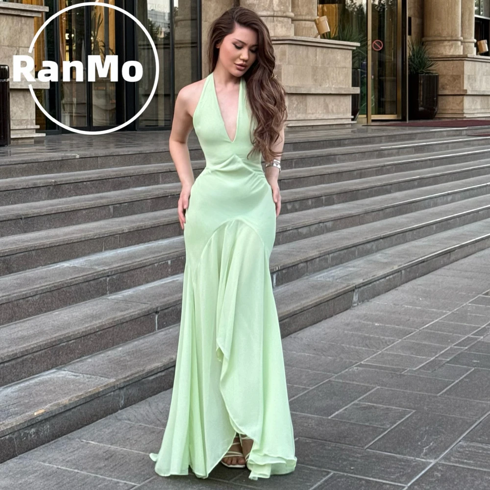 Ranmo Mint Light Green Evening Maxi Gown Halter Neck 2027 Plunging Deep V Front Low Open Back Side Waist Ruched Detail Layered