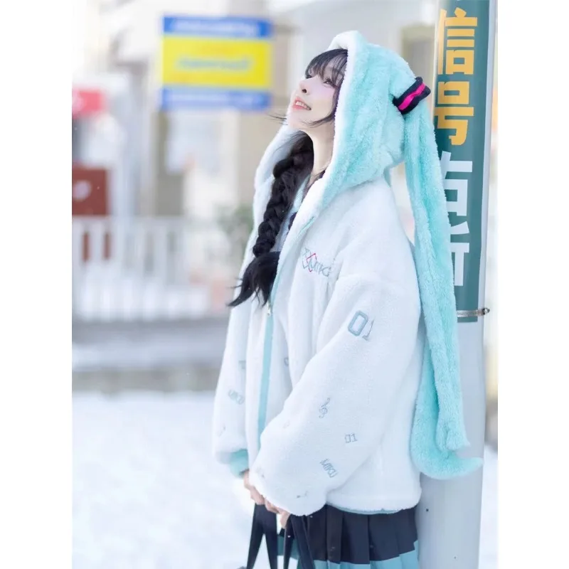 Autumn 2024 Winter Coat Cosplay Japanese Y2k Long Ear Jacket with Hooded Fleece Women White Harajuku Warm Cute Sweet Hoodie