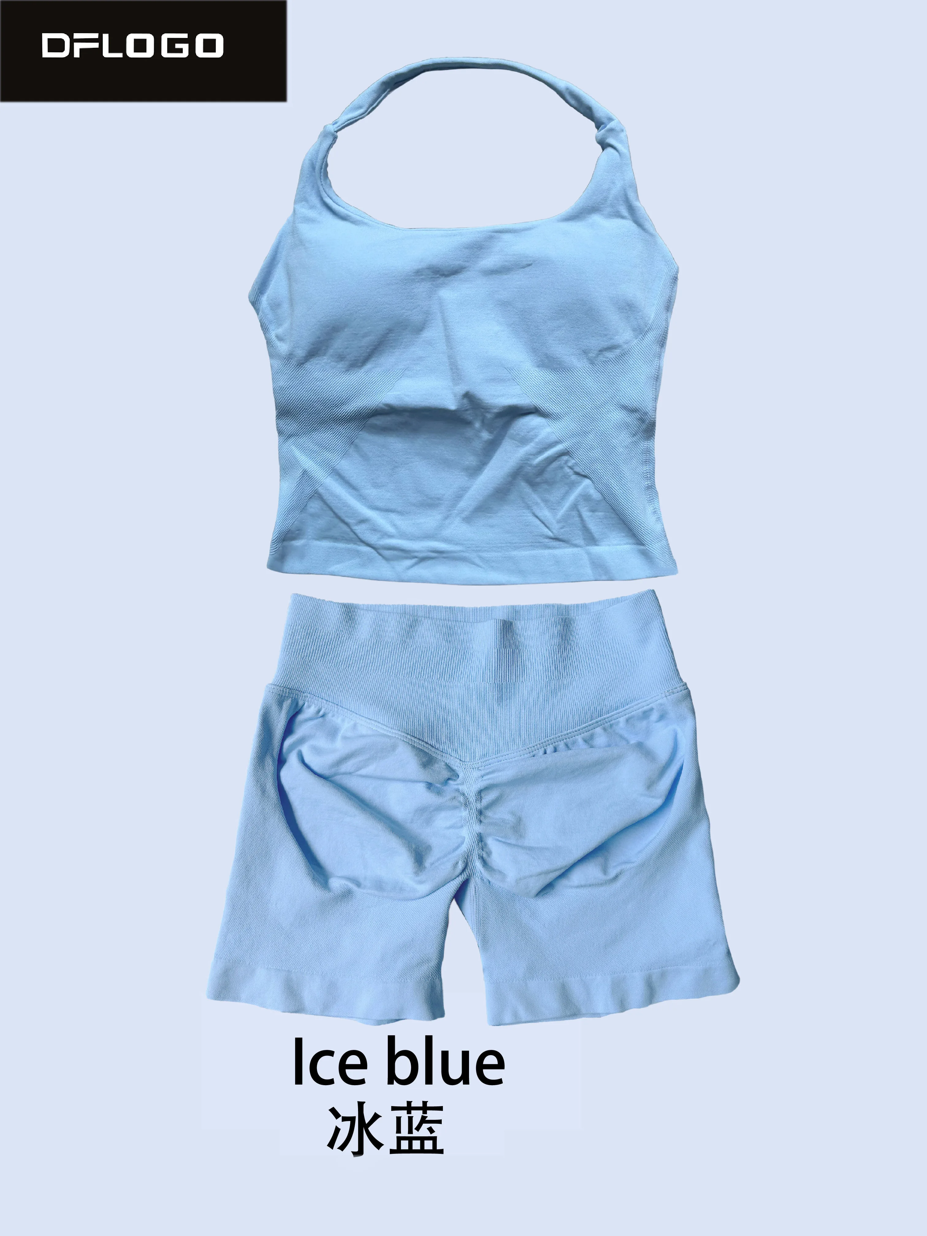 DFLOGO Dames 2-delige Yoga Set Halter U-hals Crop Top Hoge Taille Buikverstevigende Biker Shorts Naadloze Gym Workout Sport Trainingspak
