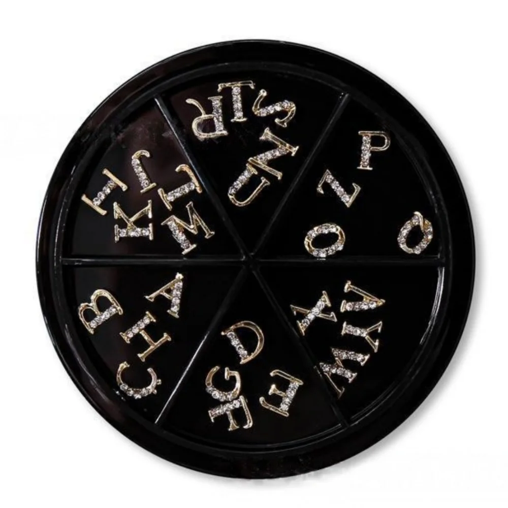 5Pcs 3D Rhinestone Alphabet Nail Charms A-Z – Gold Alloy Sparkly Letter Decor for DIY Manicure Accessories