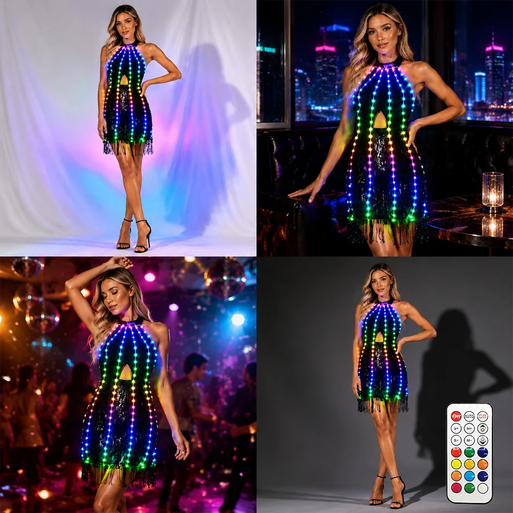 Robe à franges LED lumineuse pour femme, mini-robe à paillettes colorées pour soirée rave, performance en boîte de nuit