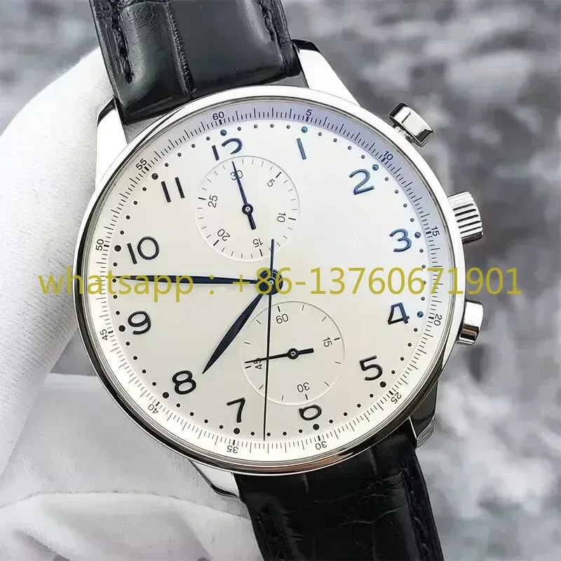 Luxury High Quality Dial Quartz Chronograph VK63 Portugueses Series Leather Watch Men Business Black White Wristwatch 43mm