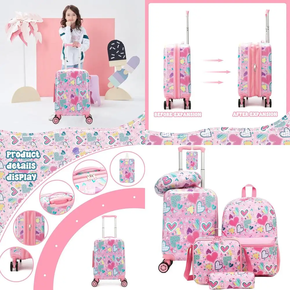 

Girls' 5-Piece Luggage Set: 16 Spinner Suitcase, Carry-On, Toddler Travel Bag, Neck Pillow, Airline Approved