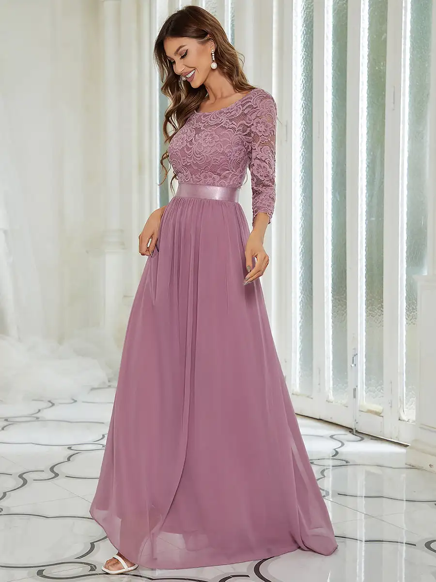 Elegant Evening Dresses Empire Waist Long Lace Sleeve Round neck Hide zipper 2025 Ever Pretty of Orchid Bridesmaid dress