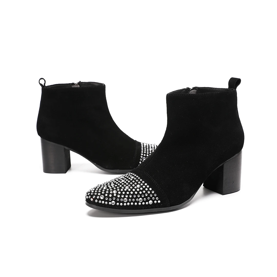 Male suede Leather Rhinestone High Heel Ankle Boots men Zipper Black pointed Toe Night Club Party short boots Plus Size Shoes - view 3