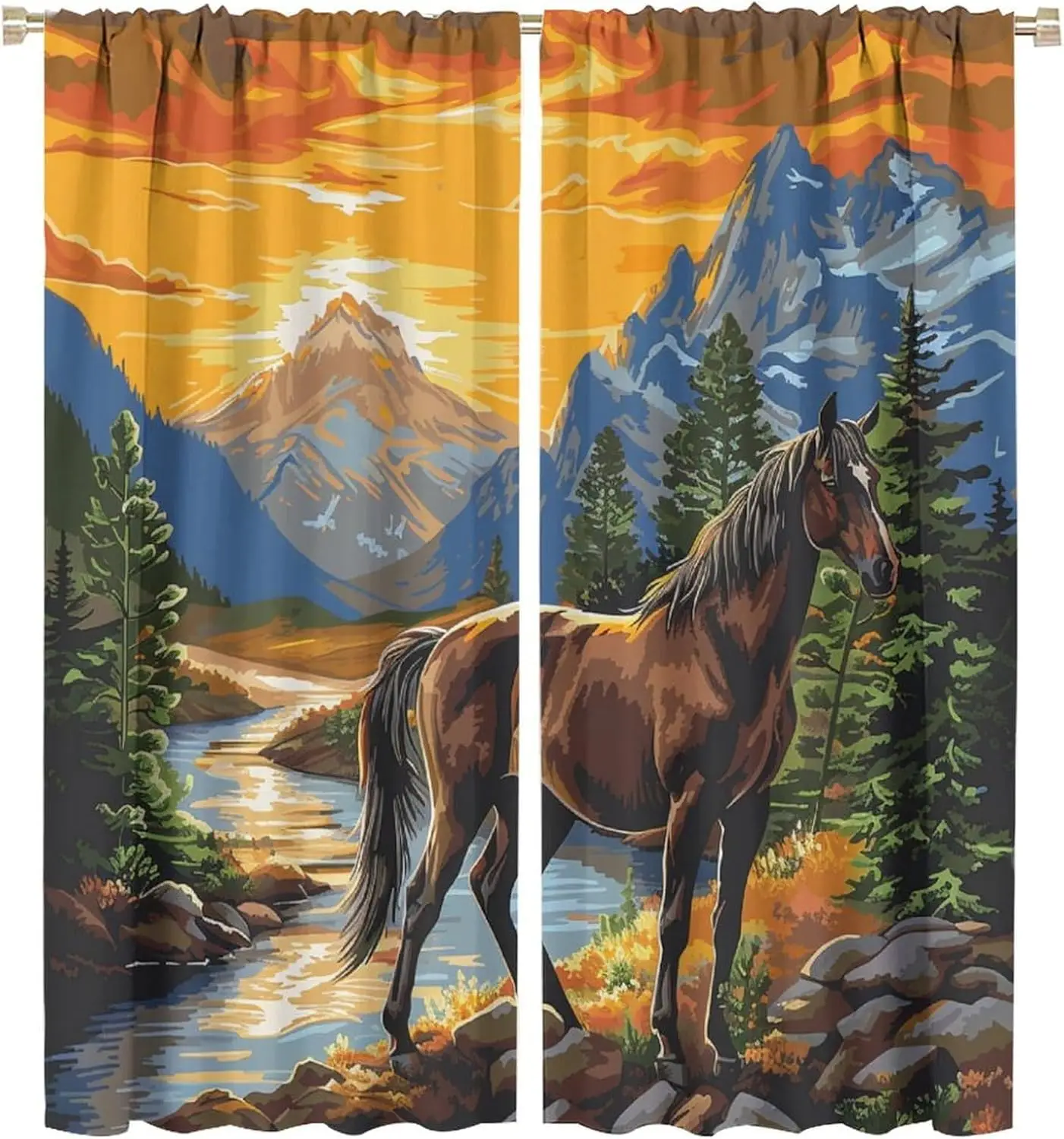 Large Decorative Window Curtains Panel Horse Mountain Sunset Landscape Nature Wilderness Home Decor Curtain