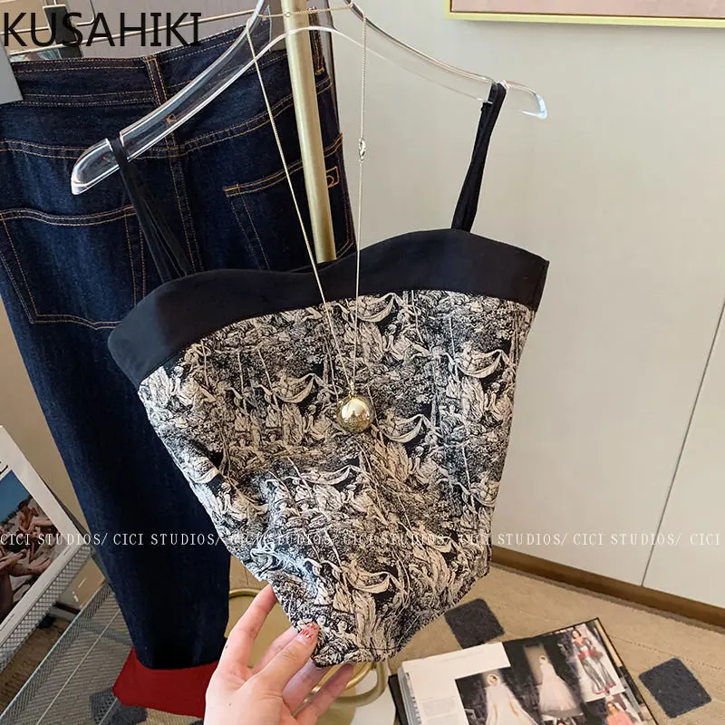 KUSAHIKI Fashion Vintage Jacquard Sling Vest Women Summer 2023  New Slim Waist Short Tops Korean Hit Color Bottoming Camis Femme