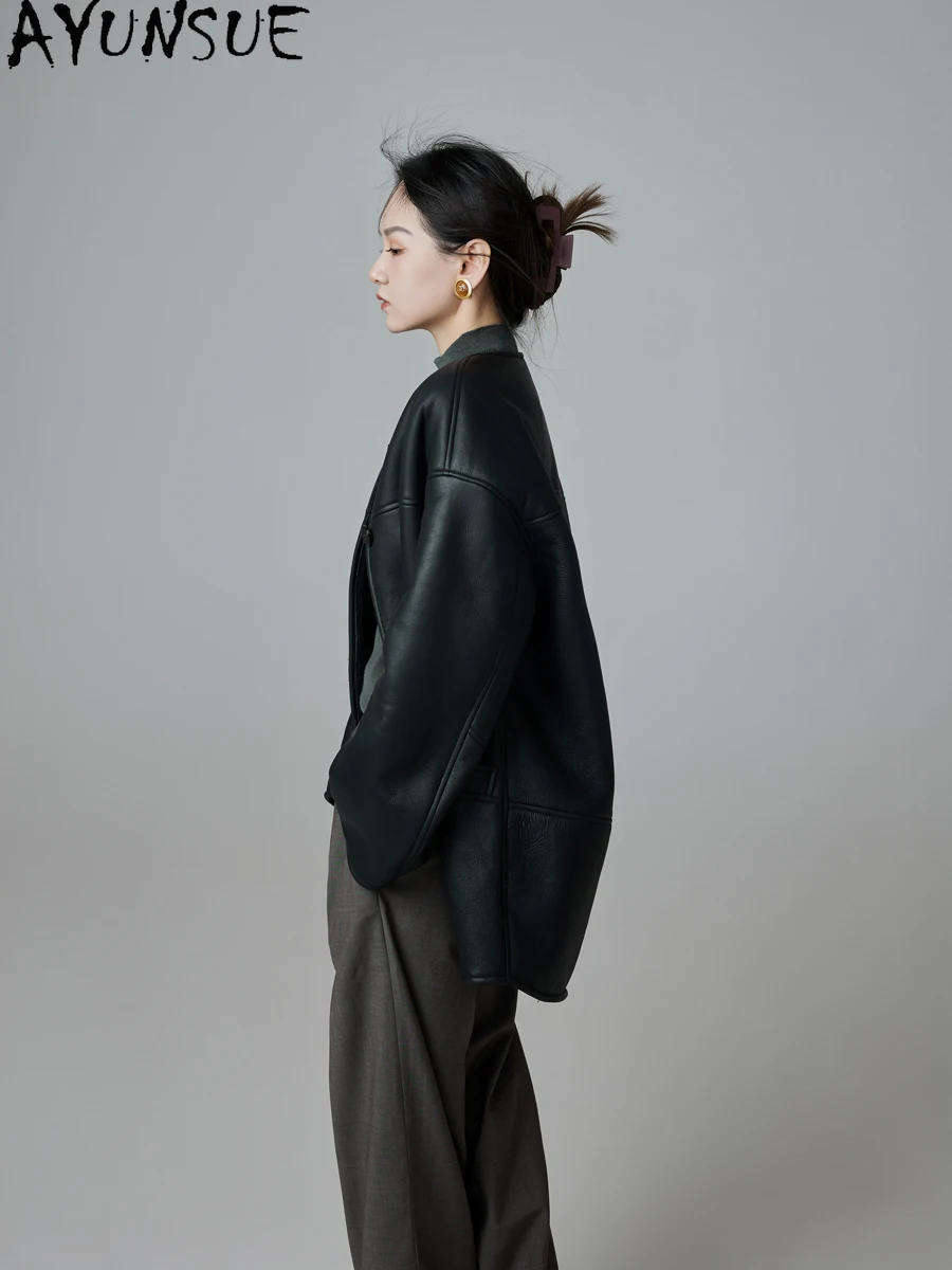 AYUNSUE Echte Schapenvacht Bontjas Vrouwen Echt Leren Jas Middellange Winterjassen 2025, Luxe Kleding Vrouwelijke omegaба Ж Diego