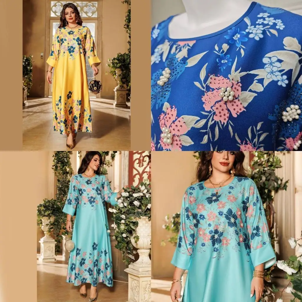 

39BD Women Kaftan Dress Flower Print Islamic Kaftan Dress Middle Eastern Robe Dress