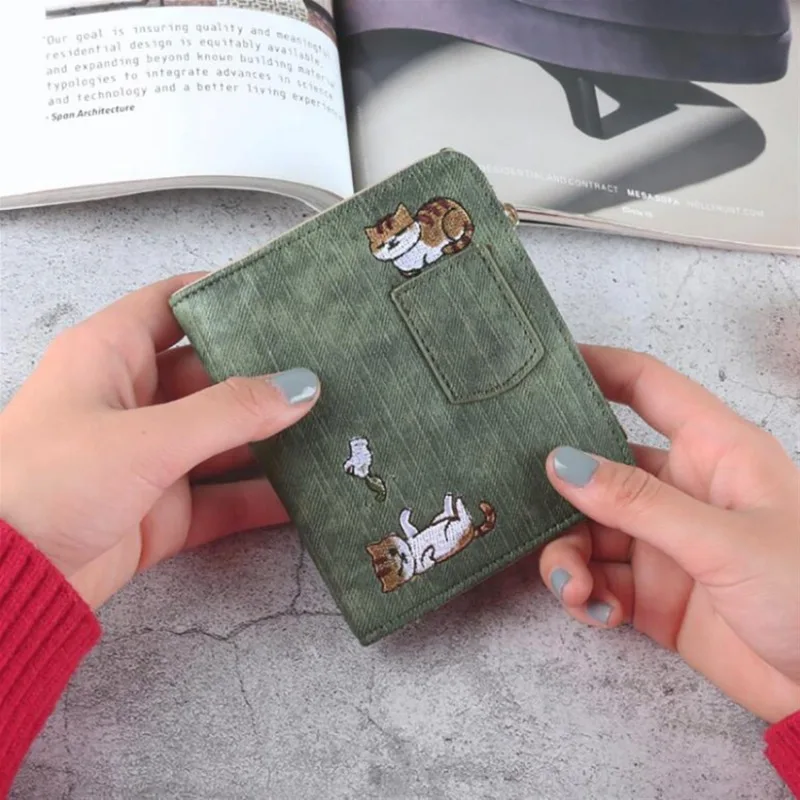 Cute Cartoon Cat Embroidery Bifold Purse Card Cash Holder Women PU Short Wallet