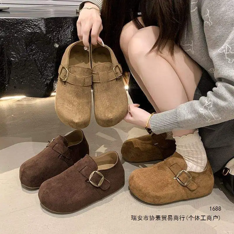 Autumn Winter Vintage Suede Boston Clogs Women Buckle Flat Mules Closed Toe Slip-on Shoes Comfortable Casual Loafers Women
