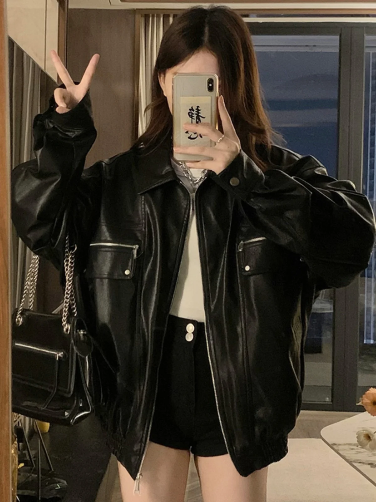 Premium Feel Leather Jaet Women's Spring Autumn American Sle Bla Sweet Cool Motorcycle PU Leather Loose Jaet Top Trendy