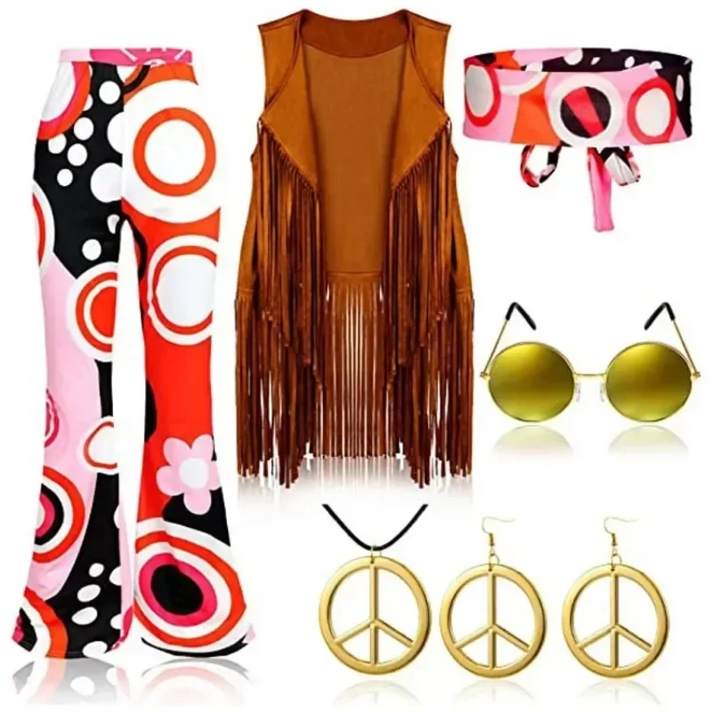 Women 60s 70s hippie disco cosplay costume peace love girls hip Indian tassels hippie vest cardigan Halloween Carnival party