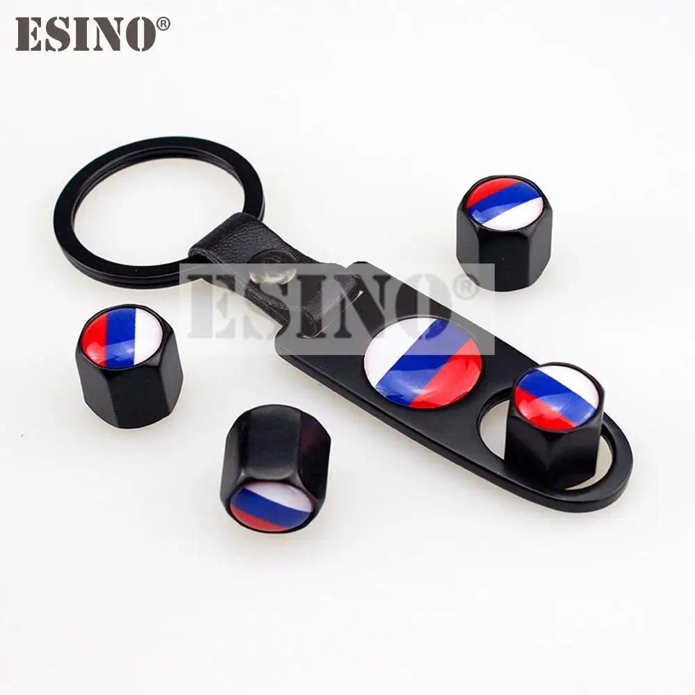 4 x Car Stainless Steel Zinc Alloy Wheel Tire Valve Stems Caps Russia National Flag Universal With Mini Wrench Key Chain